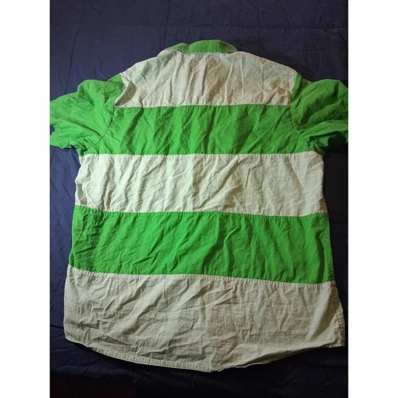 Rocawear Mens 2XL Green Striped Short Sleeve Button Up Shirt Cotton Slub Poplin - Picture 5 of 6